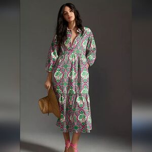 Nwot Maeve Anthropology Bettina Pink Floral Tiered Shift Dress Xs -S